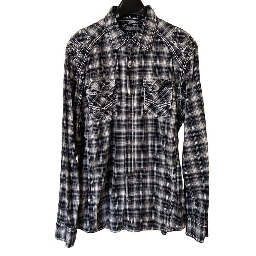 Buckle Black Black Label Men’s Athletic Fit Blue Plaid Snap Button Down Shirt XL